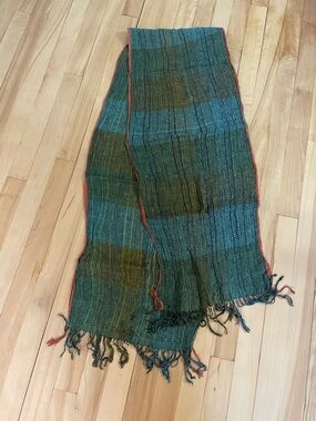 Blues and greens 100% silk scarf with burnt orange accents